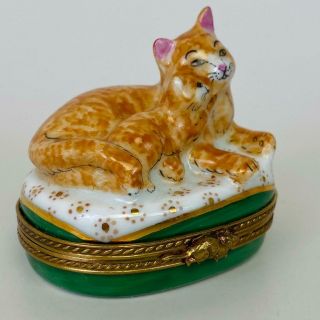 Limoges France Rmc Orange White Mama Cat Playful Kitten Porcelain Trinket Box