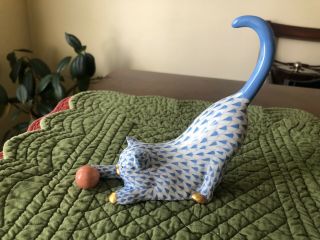 Herend Fishnet Porcelain Blue Cat Playing W/ball