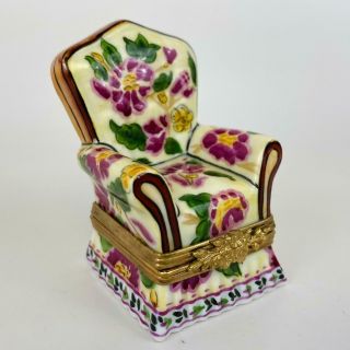 Limoges France Pink Yellow Floral Victorian Armchair Gold Porcelain Trinket Box