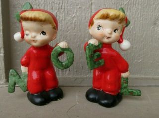 Vintage Christmas Napco Noel Boy & Girl Salt & Pepper Shakers Red Green Outfits