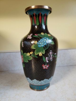 Antique Black Enamel Brass Cloisonne Vase 9 1/4 " Tall