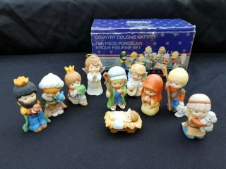 Rare Enesco Country Cousins Christmas Nativity 10 Piece Bisque Porcelain Set