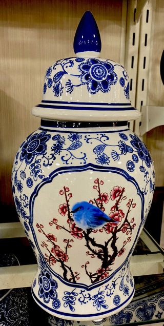 Tall Orinetal Vintage Blue & White Porcelain Vase Floral Designs