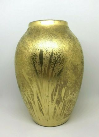 1931 Signed Art Nouveau Gold Cattail French Limoges Bernardaud Porcelain Vase