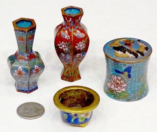 5 - Pc Antique Vintage Japanese Chinese Miniature Cloisonne Dollhouse Set / Vase
