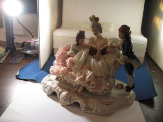 Dresden Figurine Lady W/book & Children Lace