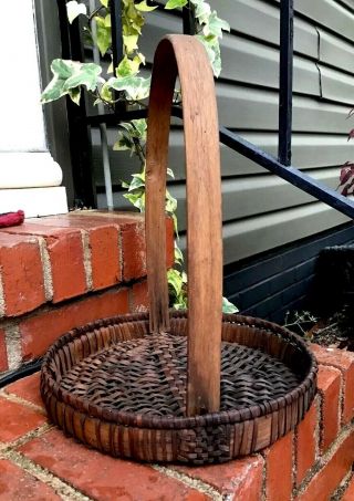 Early Primitive - Unique Splint Oak - Hand Woven Basket - Splint Handle - Antique Flat