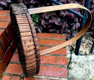 Early Primitive - Unique Splint Oak - Hand Woven Basket - Splint Handle - Antique Flat 2