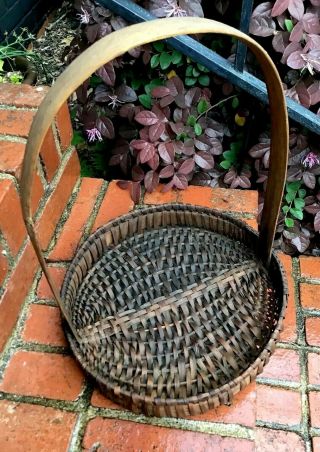 Early Primitive - Unique Splint Oak - Hand Woven Basket - Splint Handle - Antique Flat 3