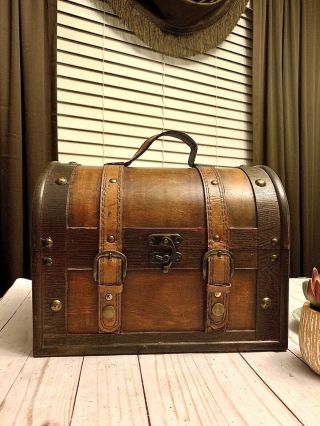 Vintage Dome Top Steamer Trunk Chest / Rustic Farmhouse Jewelry Trinket Box