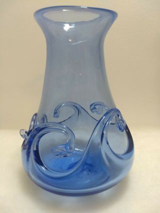 Vintage Lily Pad Or Crested Wave Art Glass Vase Hand Blown 9 " Blue Glass