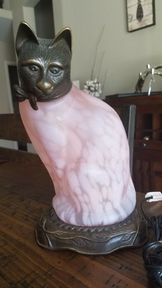 Andrea By Sadek Pink Cat Bronze And Glass Table Lamp Tin Chi 1996 Rare.