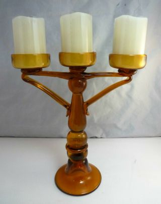 Amber Art Glass Hand Crafted Candelabra Triple Candle Holder W/flameless Candles