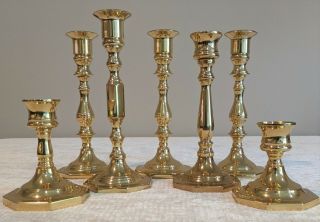 9 Baldwin Brass Candlesticks,  4 - 7 ",  1 - 6.  5 ",  1 - 5 ",  1 - 4 ",  2 - 3 ",  Tall W/3.  25 " Base