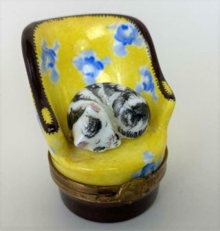 Limoges France Cat Kitten In Yellow Victorian Chintz Chair Porcelain Trinket Box