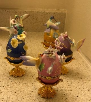 Five Franklin House Of Faberge Hummingbird Eggs Figurine With Stands Tfm