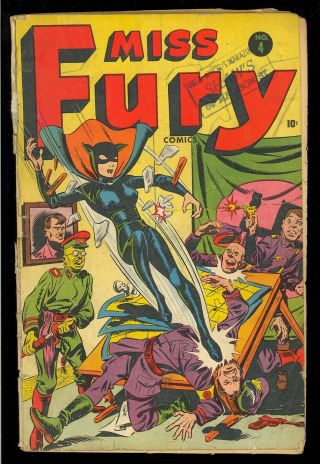 Miss Fury 4 (missing Cf) Classic Nazi Hitler Wwii Cover Timely 1944 App.  Gd