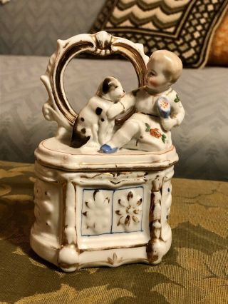 Victorian Fairing Trinket Box Conta & Boehme Porcelain Little Boy With Dog