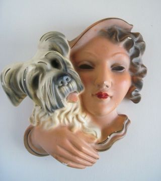 Vintage Art Deco Lady Face Head Bust Chalkware Dog Wall Plaque Roman Art Robia