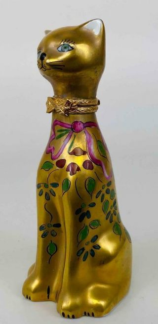 Limoges France Gold Gilt Sitting Cat Floral Bottle Porcelain Trinket Box Figure
