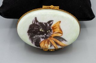 Limoges France Porcelain Trinket Box Black Cat Yellow Bow Green Background