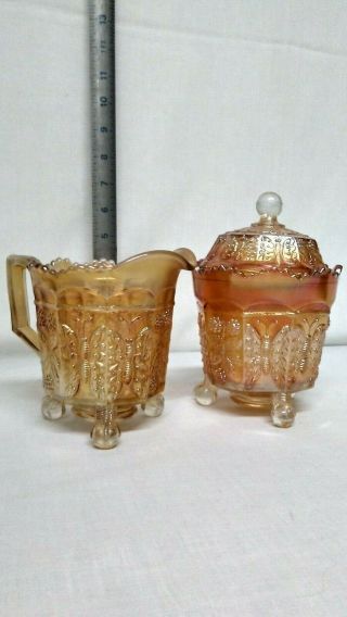 Fenton Butterfly & Berry Marigold Carnival Glass Footed Covered Sugar & Creamer