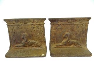 Antique Pair Old Cast Iron Metal Bookends Sphinx Egypt Book Ends Decorative