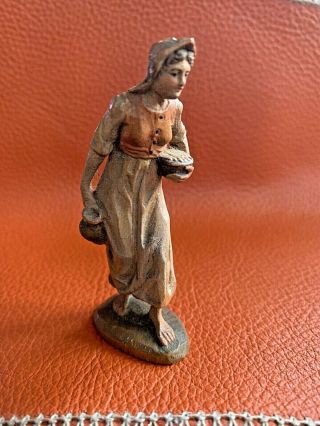 Vintage Anri Kuolt 3 " Nativity Woman With Jug & Basket Carved Wood Figure - Euc