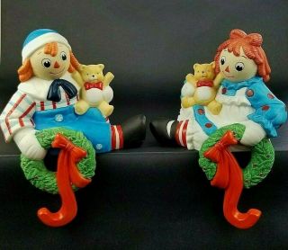 Vintage Ceramic Raggedy Ann And Andy Christmas Stocking Holder Hangers By Flamba