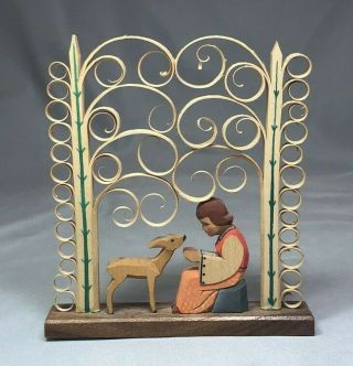 Girl & Deer Miniature Erzgebirge Expertic German Vintage Wood Figure 4 1/2 - In