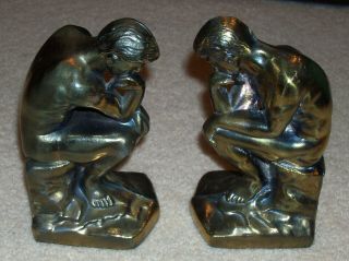 Vintage 1928 Rodin The Thinker Pair Art Deco Bookends Cast Metal Bronze Finish