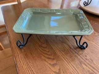 Longaberger Sage Green Rectangular Tray With Wrought Iron Stand