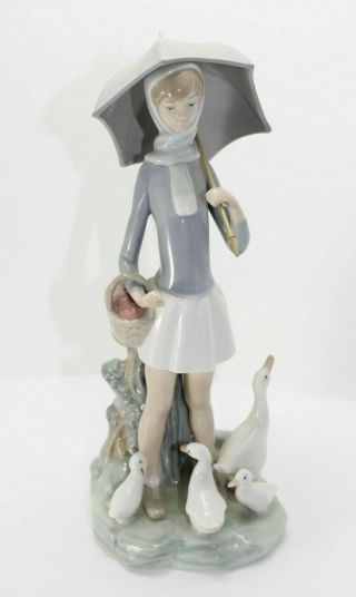 Lladro Figurine 4510 Girl With Umbrella And Ducks Glossy Made In Spain No Box