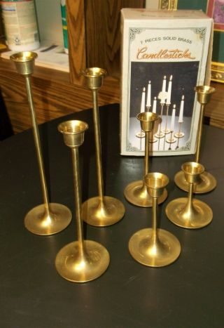 Vintage Set Of 7 Solid Brass Graduated Size Candlestick Holders Box