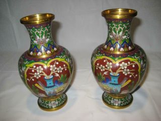 Vintage Chinese Cloisonne 6.  25” Vases Floral Vase Blue Pink Green Enamel
