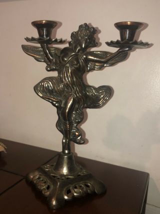 Vtg Angel Candle Holder Ornate Copper? Brass? 11” Tall Mid Century Woman Mid