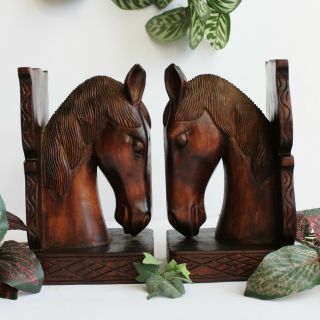 Vintage Hand - Carved Dark Wooden Horse Head Bookends 8 " Tall