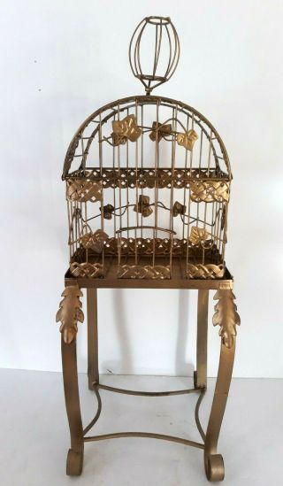 Gold Metal Bird Cage Floral Planter On Stand Home Decor Shabby 2 Pc 25 " X 10 "