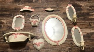 Home Interiors Vintage Pink And White Plastic Wicker Bow Mirror Wall Decor 9 Pc
