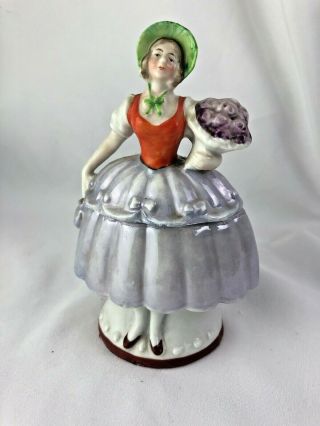 Vintage 8590 Germany Porcelain Figural Victorian Lady Half Doll Trinket Box.