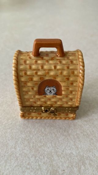 Peint Main Limoges France.  Eximious.  Cat Carrier With Kitten Inside.