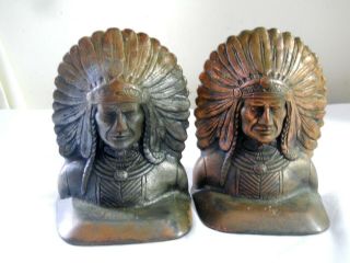 Antique Vintage Native American Indian Chief Cast Iron Bronze Colored Bookends