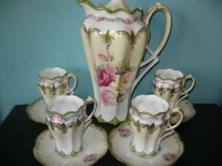4 Piece Vintage Cholate Ceramic Tea Set - Teapot - Cups & Plates