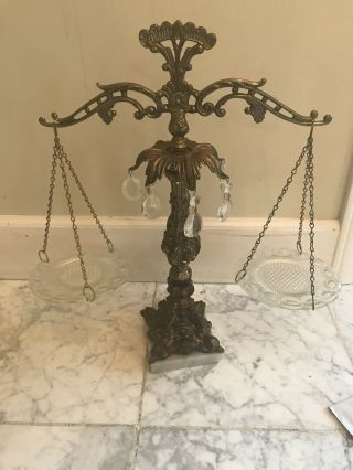 Vtg Ornate Brass And Crystal Scales Of Justice With Glass Prisms