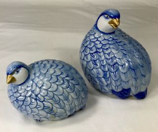 2 Andrea By Sadek Partridge Bird Figurines Blue Glaze Porcelain Gold Beaks Japan