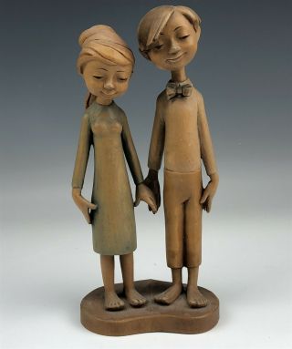 Anri Hand Carved Italian Wood 10 " Sculpture Of A Woman & Man / Boy & Girl Qen Nr