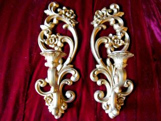 Vintage Hollywood Regency Set Of 2 Gold Wall Candle Holders Mid Century Retro