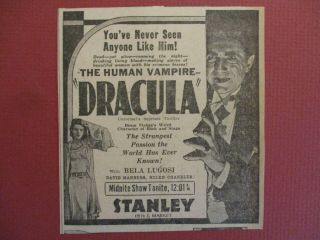 1931 Classic Horror " Dracula " Bela Lugosi Human Vampire Movie Sci - Fi Ad