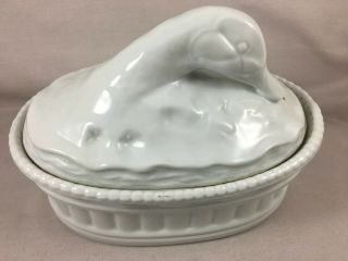 Antique french white porcelain shaped pate terrine duck signed made in France 3