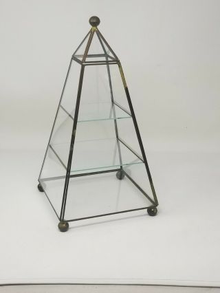 Vtg 14 " Brass & Glass 3 Tier Shelf Footed Curio Case Tabletop Display Box Pyramid